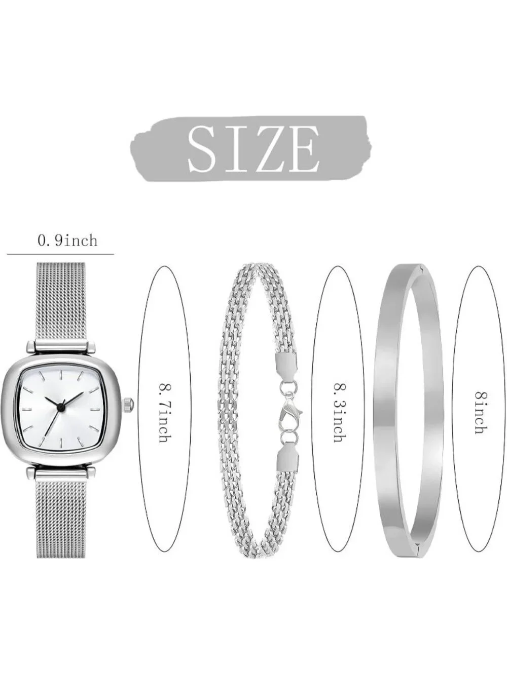 Women Silver Jewelry Stainless Steel Diamond Bangle Bracelets Set Square Watch